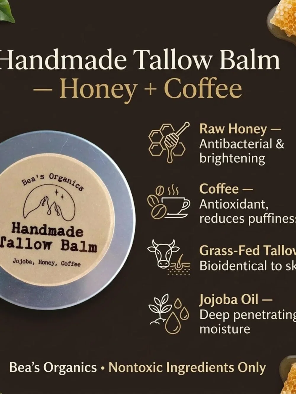 Organic Tallow Balm with Honey & Coffee | Grass-Fed Tallow Face Body Moisturizer
